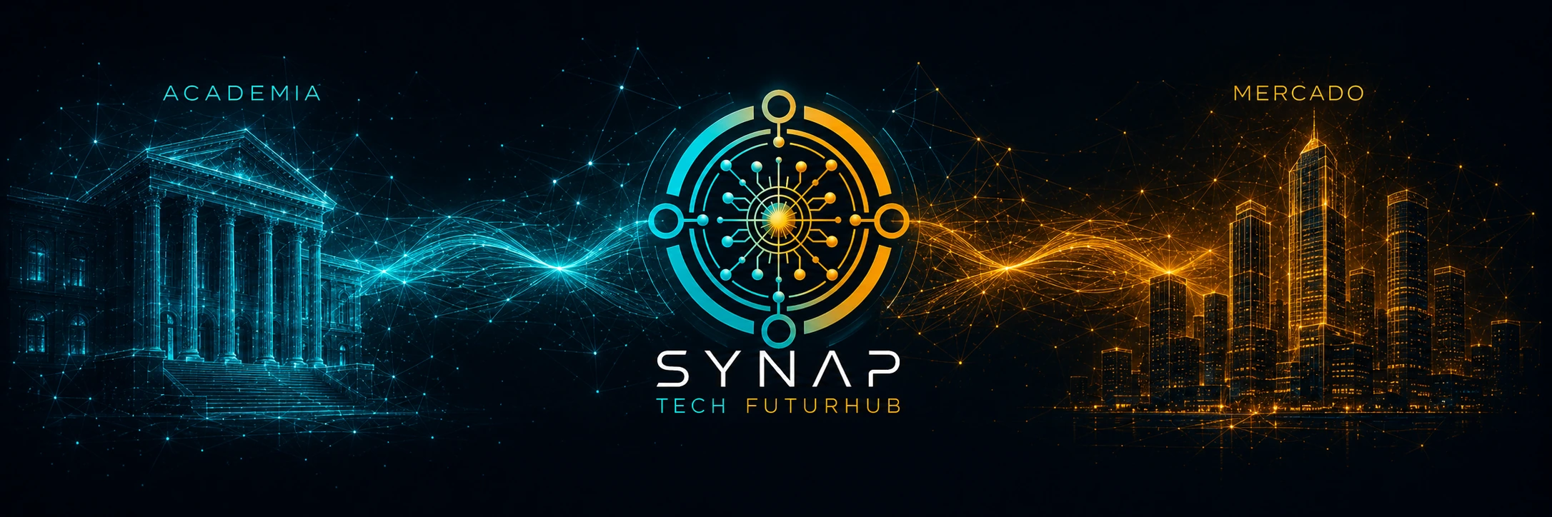 Tríptico Academia — SYNAP — Mercado: um prédio clássico de universidade em ciano à esquerda e um skyline corporativo em dourado à direita, conectados por linhas de energia que convergem no símbolo da SYNAP ao centro.