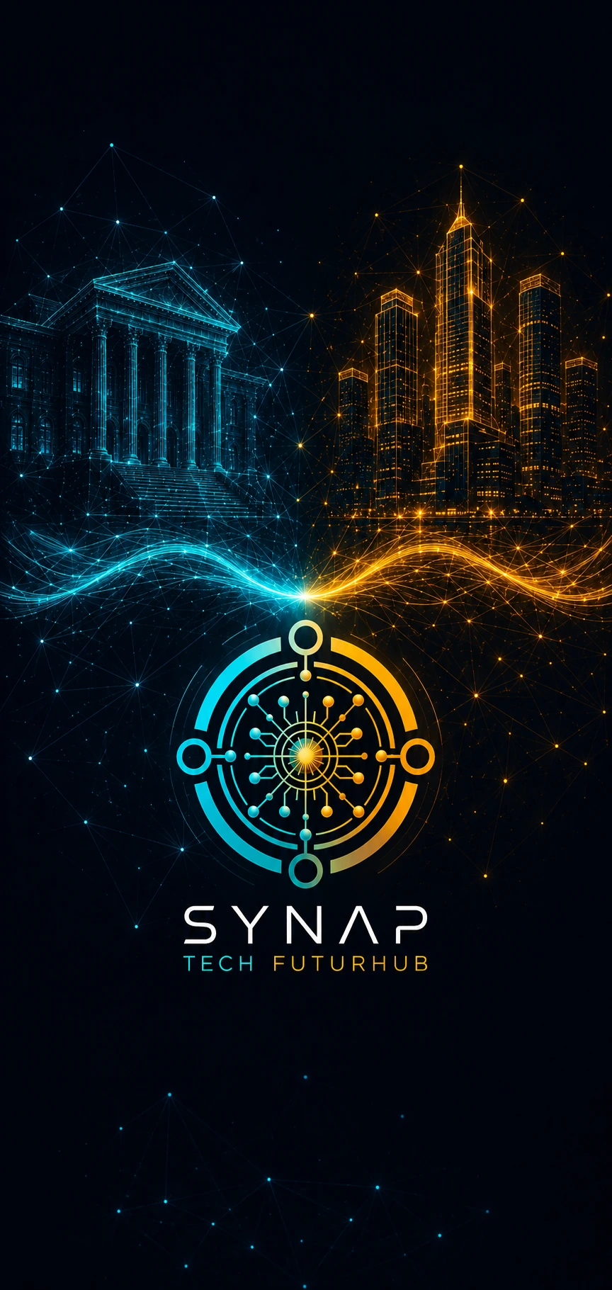Tríptico Academia — SYNAP — Mercado: um prédio clássico de universidade em ciano no topo e um skyline corporativo em dourado abaixo, conectados por linhas de energia que convergem no símbolo da SYNAP ao centro.